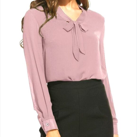 ACEVOG  Textured Chiffon Crepe Blouse MED Bow Long Sleeve Dusty Rose - Picture 6 of 12